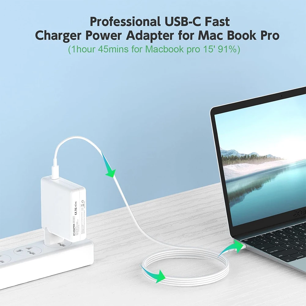61W 87W 96W 118W USB-C Laptop Power Adapter Type-C PD Charger For Macbook 13 15-inch A1706 A1707 A1708 A1534 A1719 A214 iPad Pro — view 3