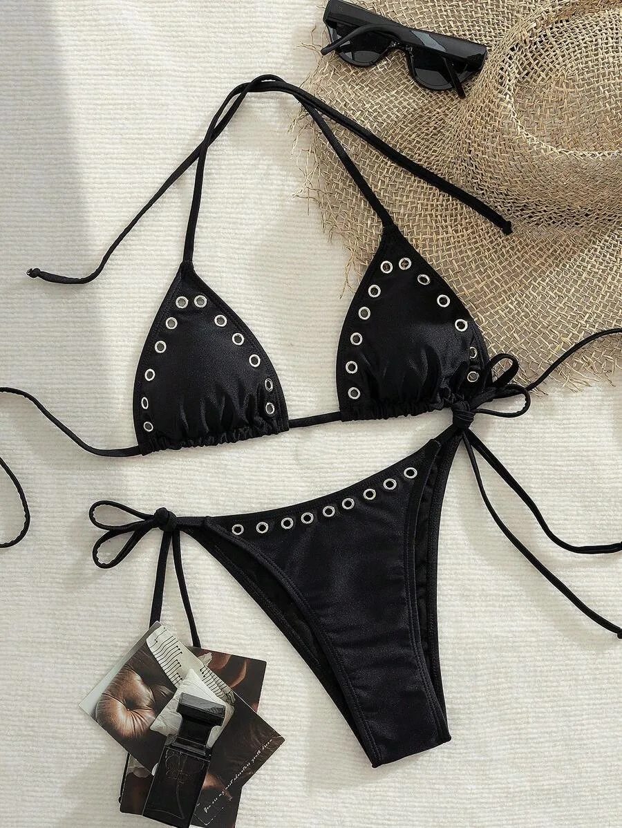 Modisches Nieten-verziertes Neckholder-Top Dreipunkt-Riemen Bikini mit Verstellbaren Trägern Instagram-Würdig Sexy Hot Girl Gothic Damen-Set – Detail 20