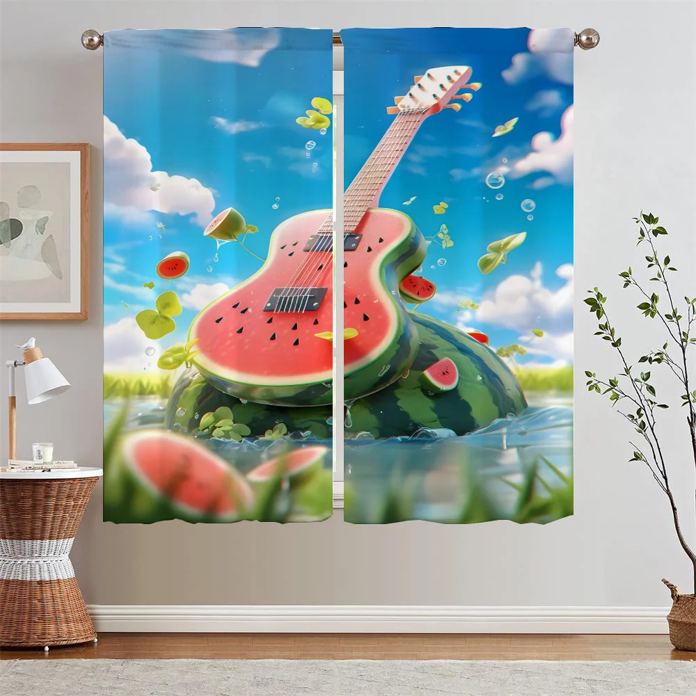 thumbnail image 1 of Cortinas de guitarra de sandía para sala de estar, 2 piezas, envío gratis, cortinas cortas para ventanas, cortinas para el baño y el hogar, 1 of 5