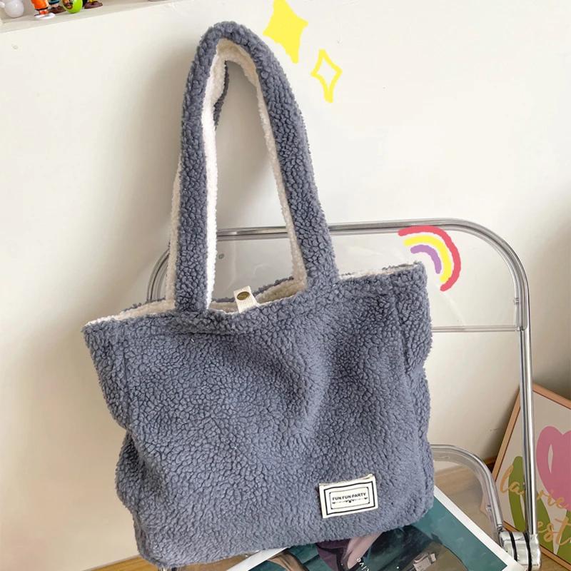 Sac à Main en Forme de Sourire d'Agneau Simple pour Femme, Fourre-Tout Doux en Peluche, de Grande Capacité, pour le Shopping et le Voyage, pour Dame