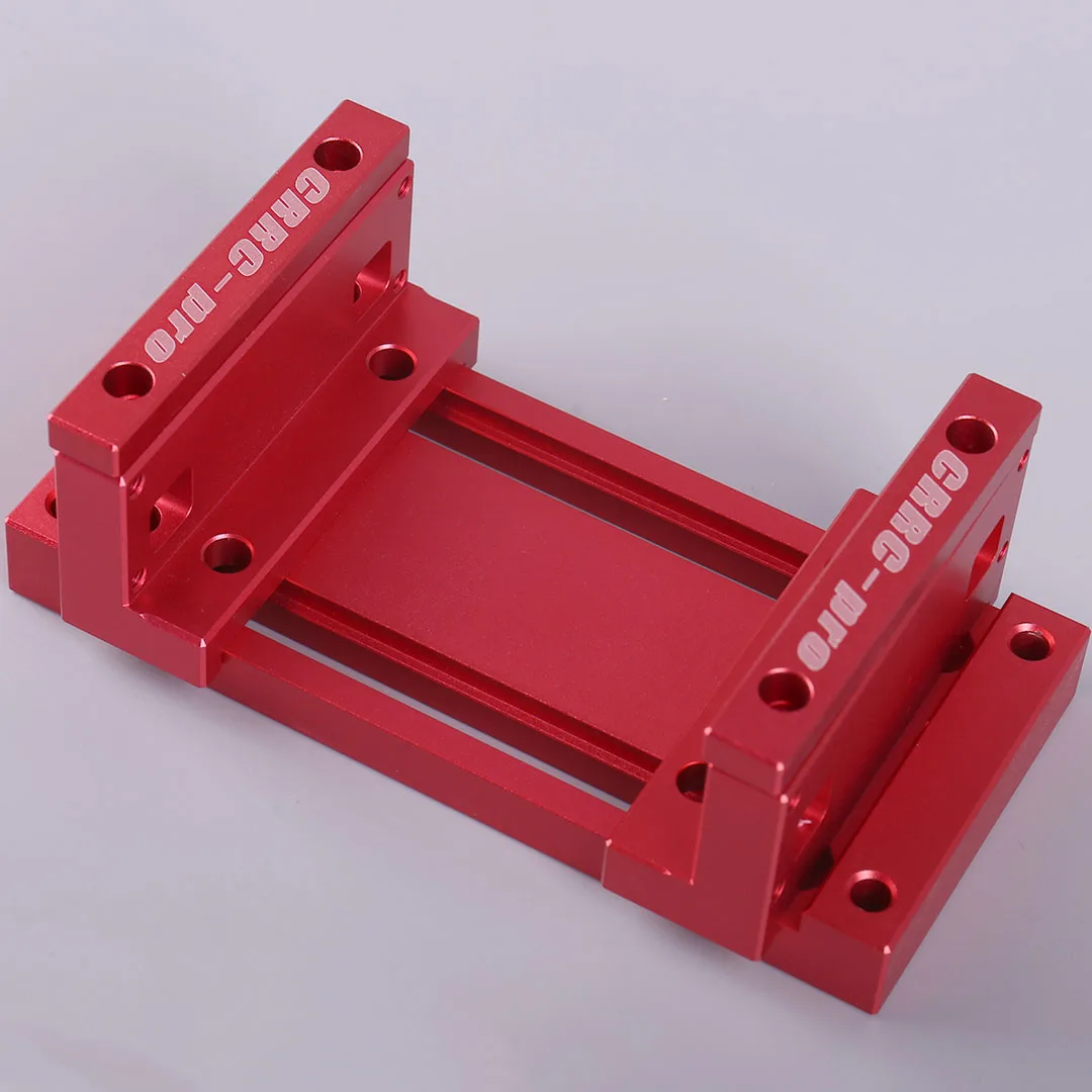 Banc d'essai moteur RC CRRCPRO CNC Aluminium en aluminium usiné, montrant les différentes pièces et trous de fixation.
