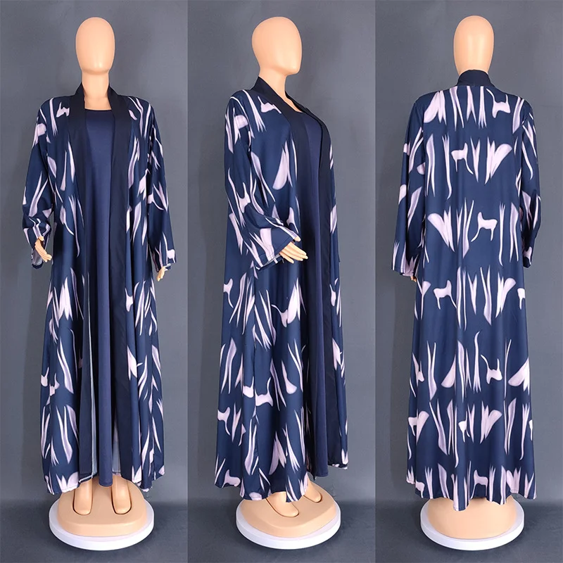 

2 Pieces Sets African Dresses for Women Summer Elegant African V-neck Long Sleeve Polyester Printing Long Dress Muslim Abaya