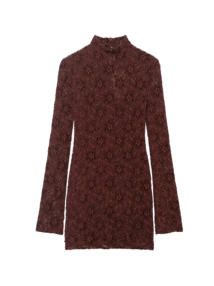 Sexy Women's Lace Mini Dresses Solid Color Turtleneck Long Sleeves Elegant Bodycon Streetwear Fashion Female Soft Lace Dress