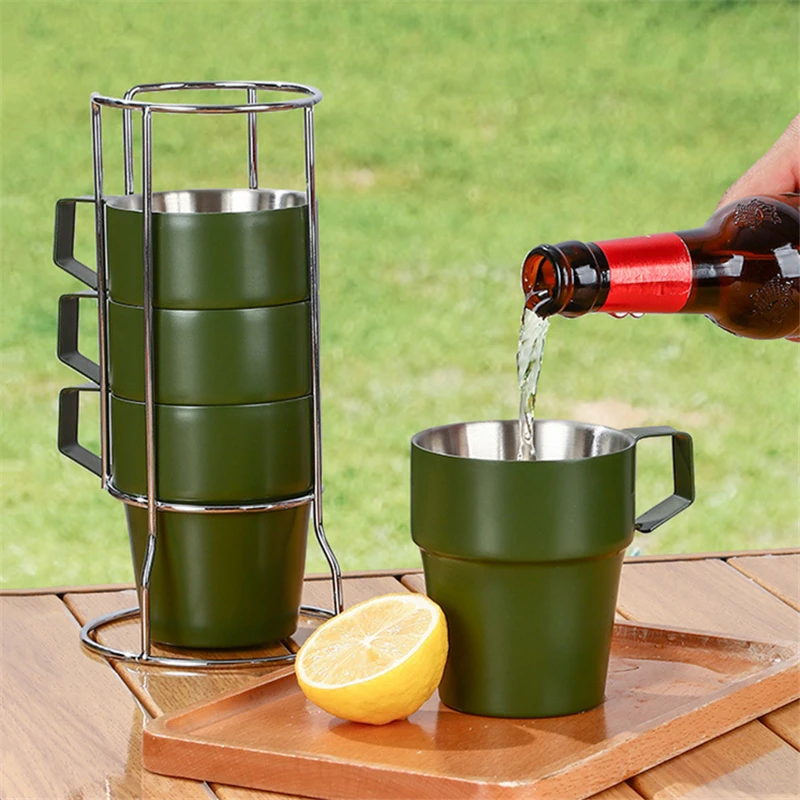 4pcs Stainless Steel Camping Cup Set Hiking Portable Tea Coffee Beer Mug with Rack Outdoor Picnic Travel Water Cups Drinkware