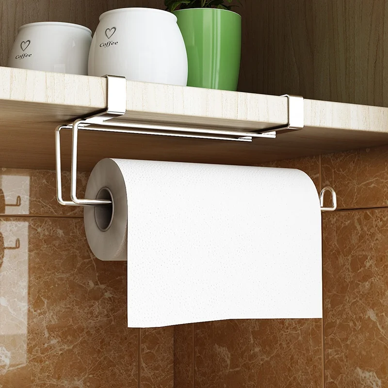 Fashion Roll Paper Towel Holder Stainless Steel Removable Organizer Hang Type Bathroom Kitchen Tissue Rack No Drilling