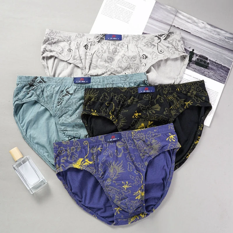 2 Pcs/Lot Plue Size 100% Cotton Men's Printed Briefs Underpants Underwear Loose Lingerie Moisture Absorbent Breathable Panties
