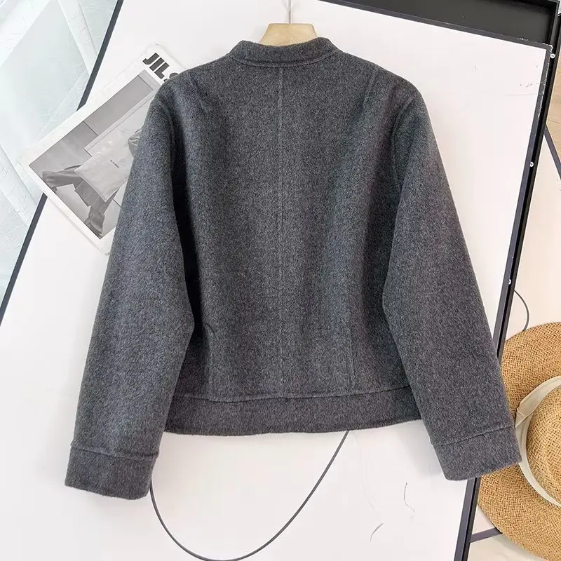 Withered French Fashion Simple Single Breasted Wool Jacket Coat Office Ladies Retro Button Grey Elegant Baseball Jacket Women