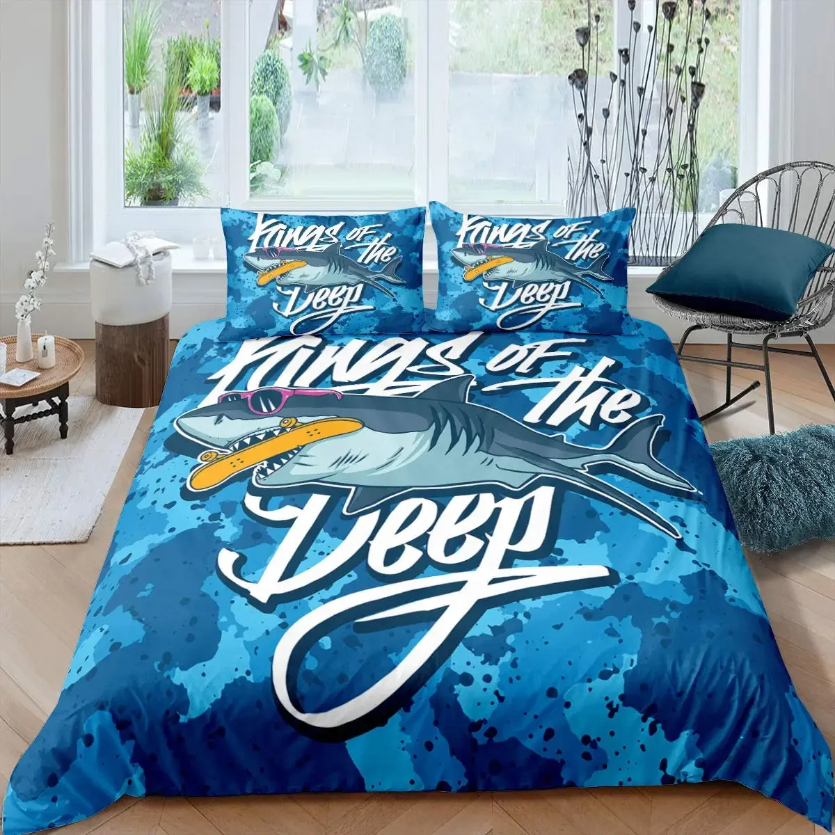 Blue and White Cartoon Shark Fish Print Kids Duvet Cover Boys Girls Luxury Room Decoration for Children Teens Gift Queen Size 4