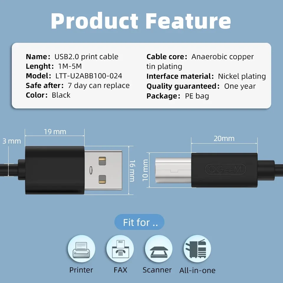USB Printer Cable USB Cable for printer High Speed A to B Male to male usb Printer Cable data sync for 3d label printer lenovo 1m 1.5m 2m 3m 5m