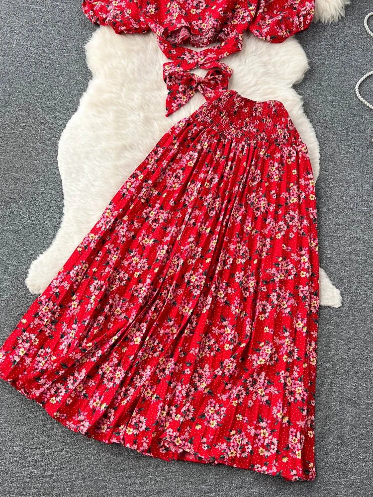 Summer Women Printed Two Piece Set Bohemian Vacation Beach Slash Neck Puff Sleeve Short Bandage Tops + Pleated Skirt Suit New
