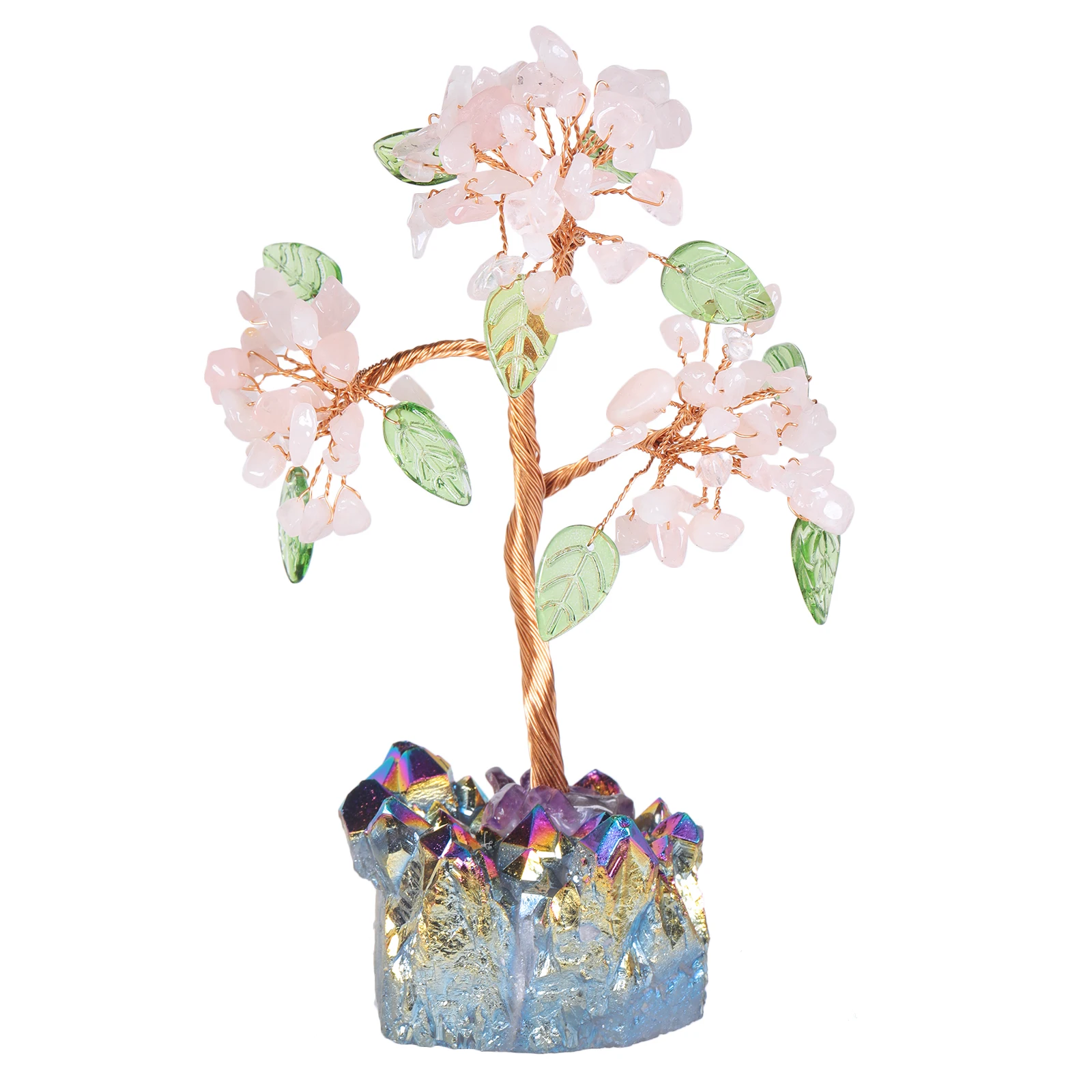 TUMBEELLUWA Reiki Green Glass Leaf Crystal Money Tree With Electroplated Quartz Cluster Base For Luck Room Decor Home Ornaments natural amethyst crystal tree with raw titanium coated quartz cluster base bonsai money tree for wealth and luck