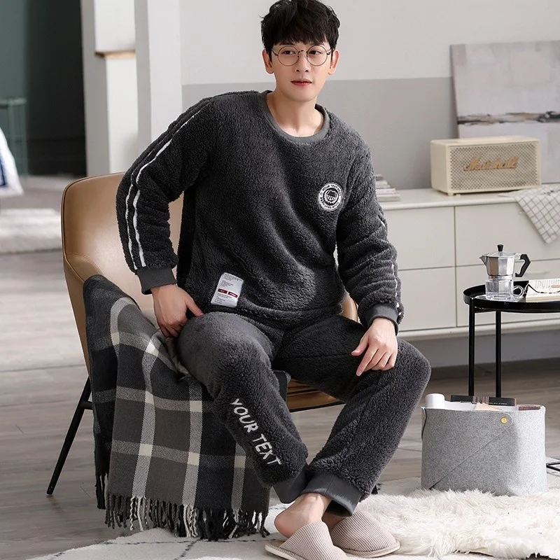 New Coral Velvet Pajamas Men's Winter Long Sleeve  Flannel Thickened Simple Leisure Warm Home Clothes