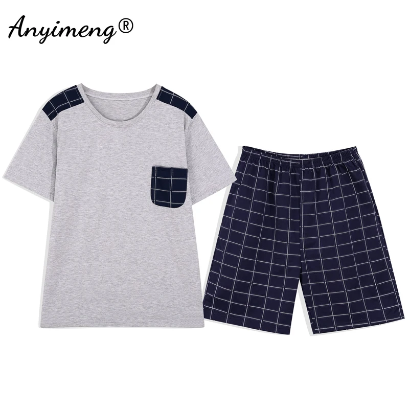 Plus Size Male Pajama Set Summer Shorts Pullover Black Badge Fashion Sleepwear Plaid Bottoms Man's Two Pieces Men Nightwear New men satin pajamas Pajama Sets