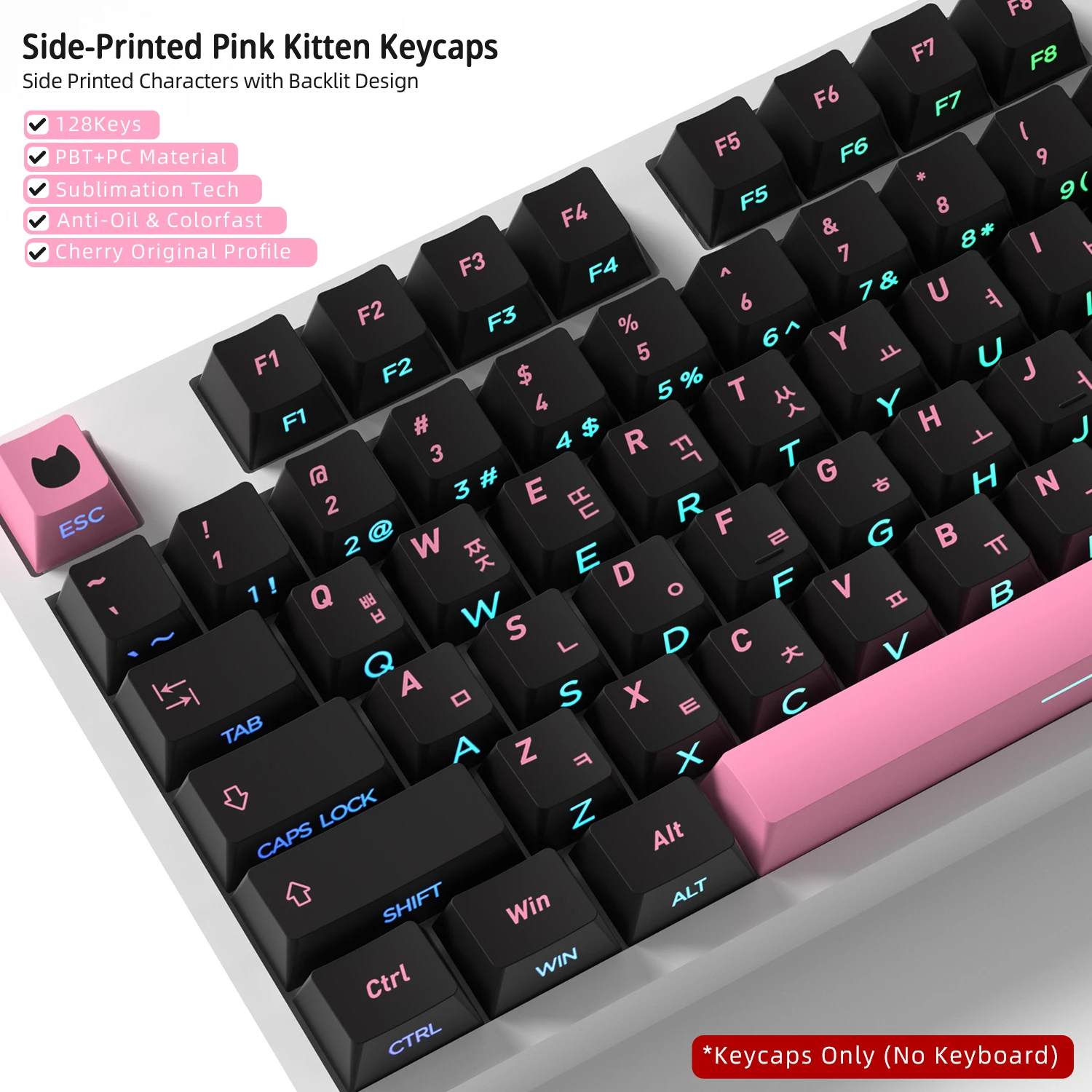 Black Pink Cat Korean Side-Printed Translucent Keycaps - Cherry Profile Gaming Keyboard Key Caps