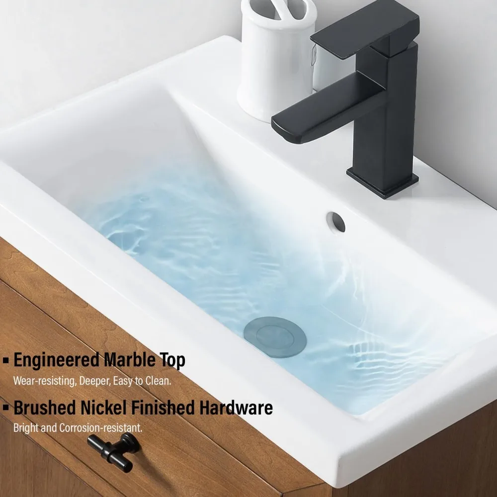 20 inch Bathroom Vanity with Ceramic Sink,with Doors and Removable Shelf, Modern Wood Cabinet with Marble Top, Solid Wood Frame 5
