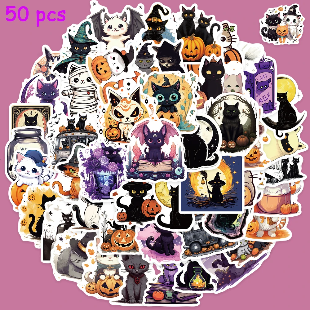 50pcs Halloween Stickers Cute Witch Meow Decals For Kids Laptop Suitcase Skateboard Scrapbook Funny Graffiti Stickers