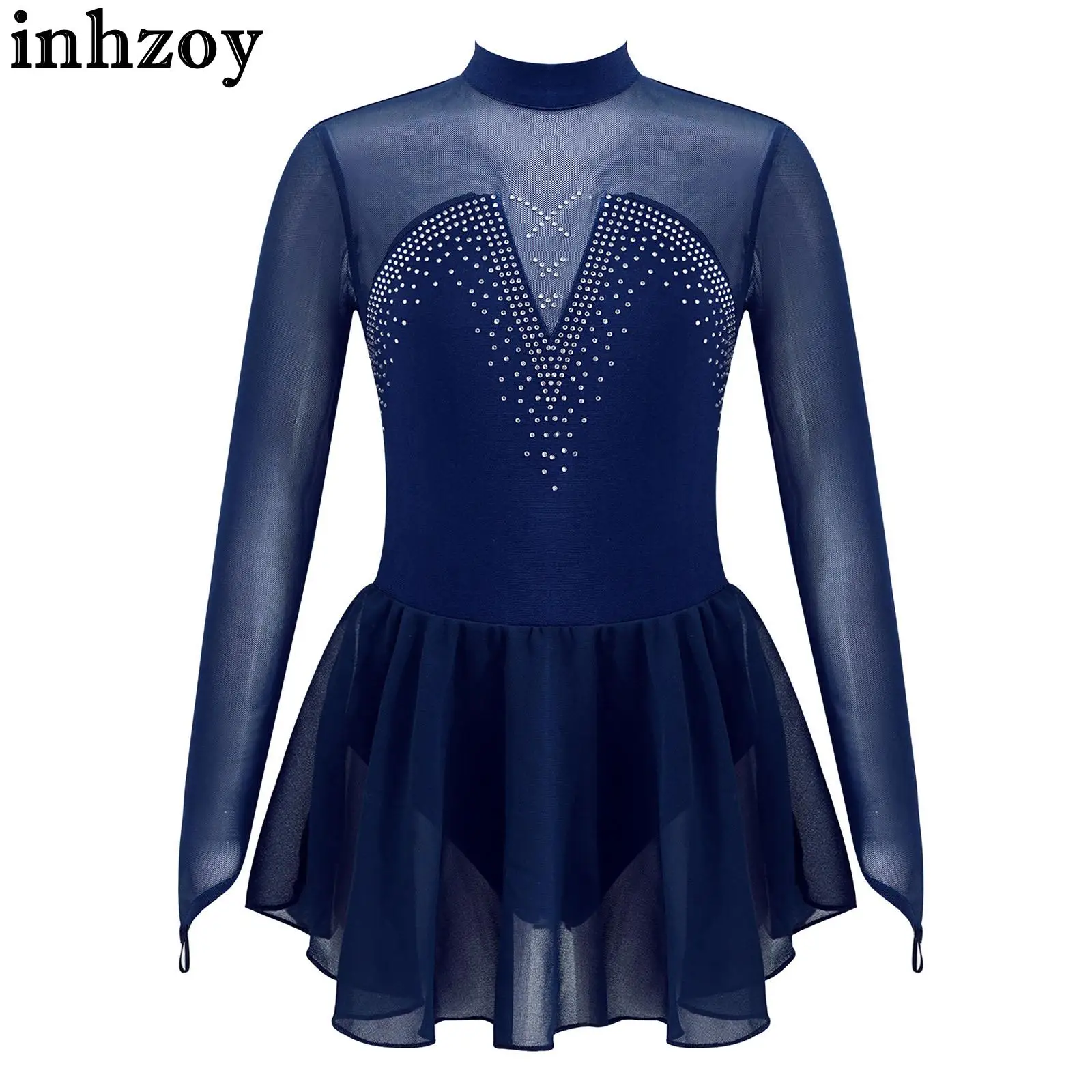 

Kids Girls Sparkly Rhinestone Mesh Splice Skating Ballet Dance Gymnastics Leotard Dress Ballerina Performance Dancewear Costume