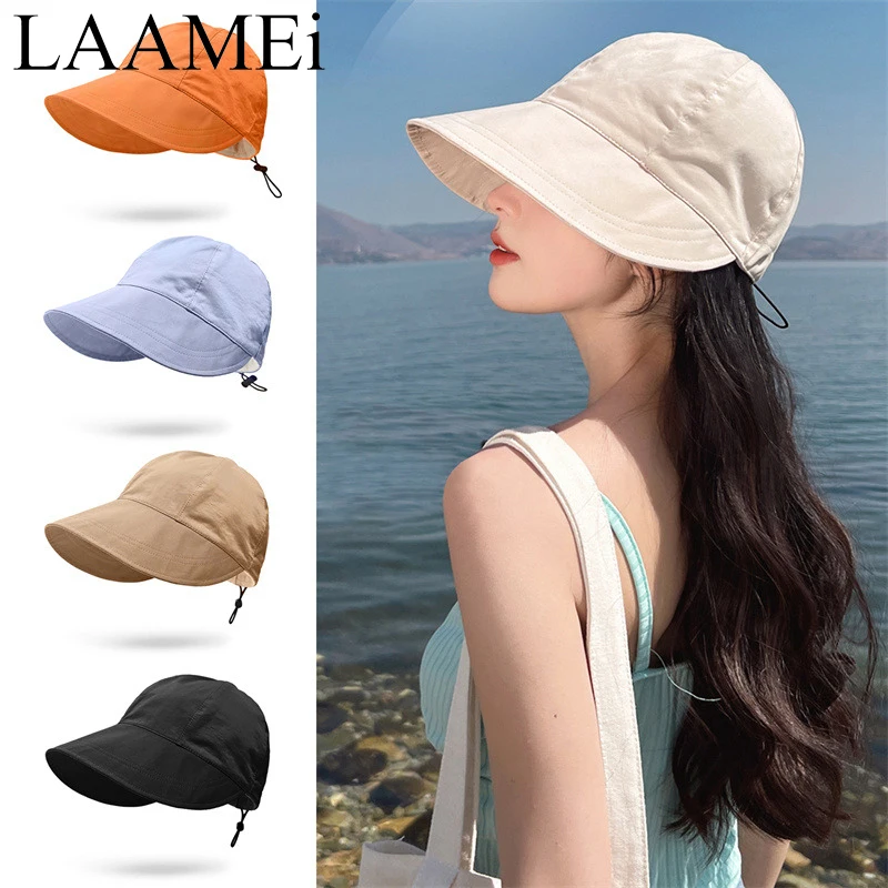 LAAMEi Summer UV Protection Hat With Pocket Adjustable Drawstring Fisherman Cap Women Sun Visors Hat Headwear