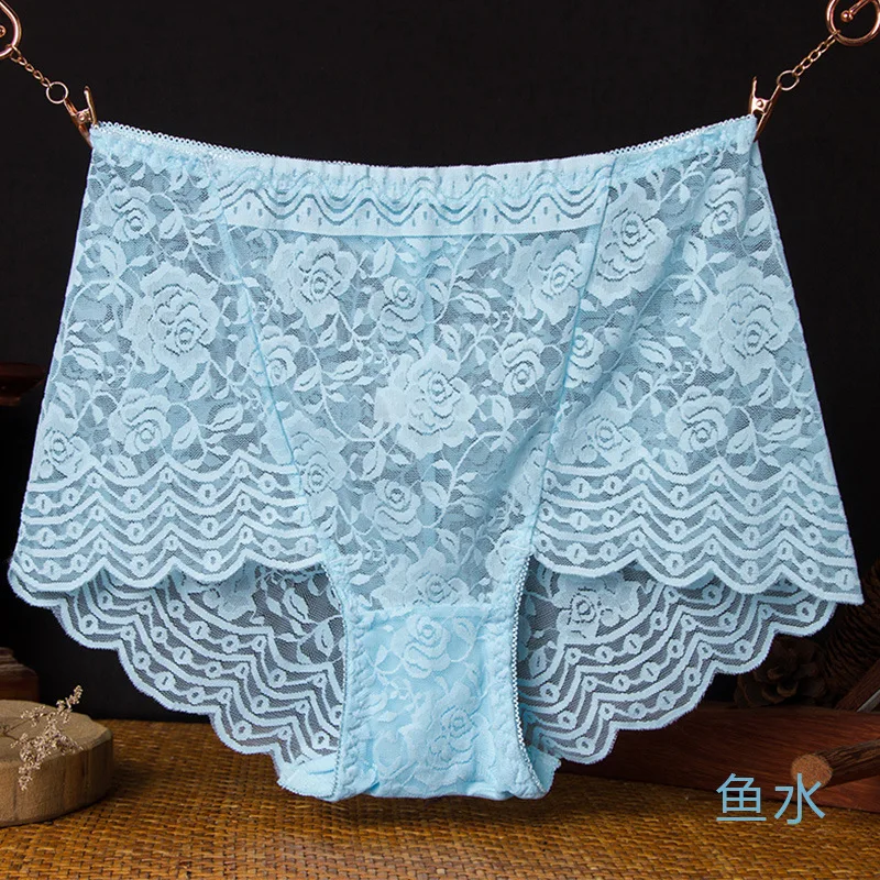

Sexy Mesh Transparent Flower Hollow Lace Panties Mid Waist Cotton Bottom Breathable Underwear Quick Dry Women's Ice Silk Briefs