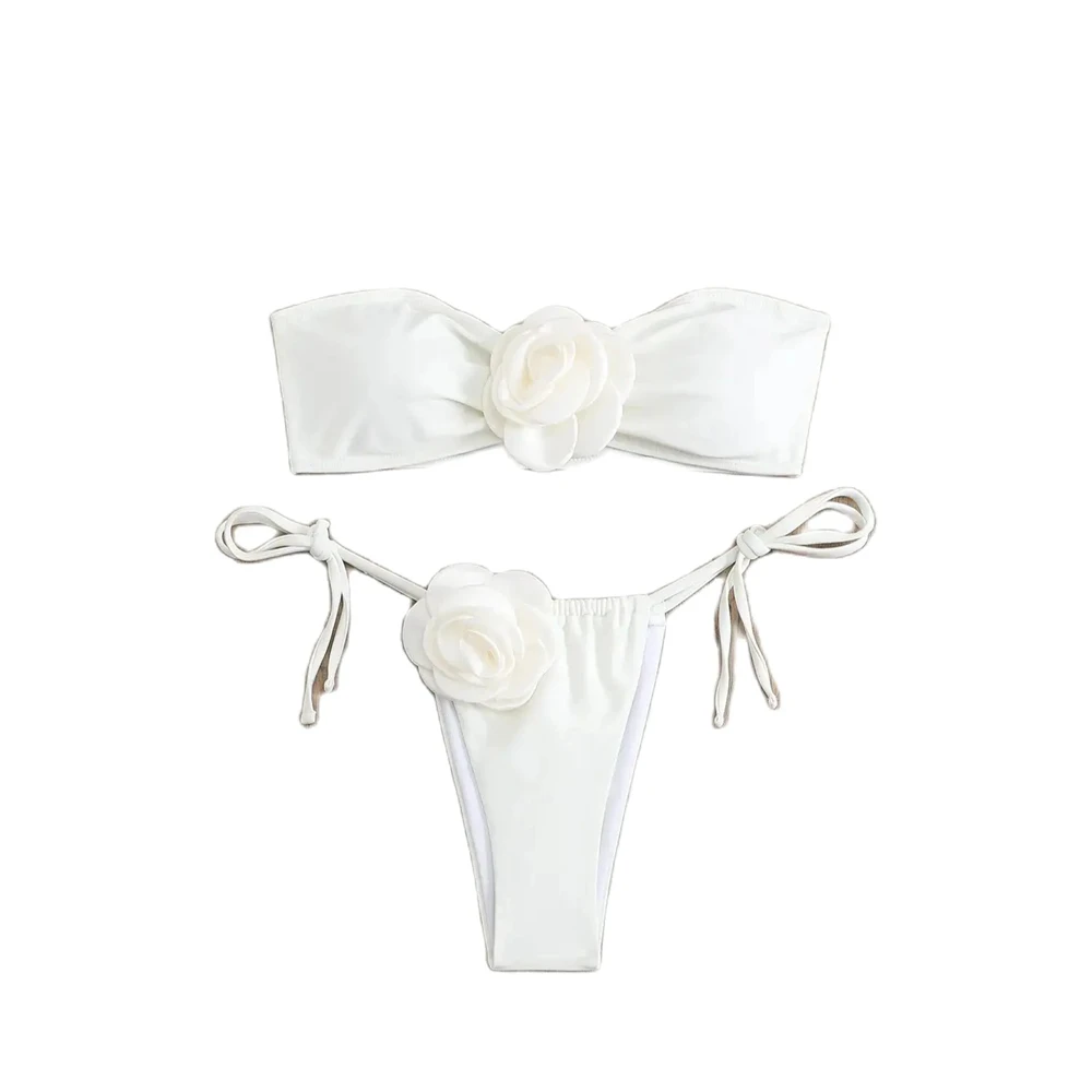 New Rose Chest Sexy Bikini Set Strapless Tube Top With Drawstring Strap Bottom Swimming Two Piece Suit Solid Black/White