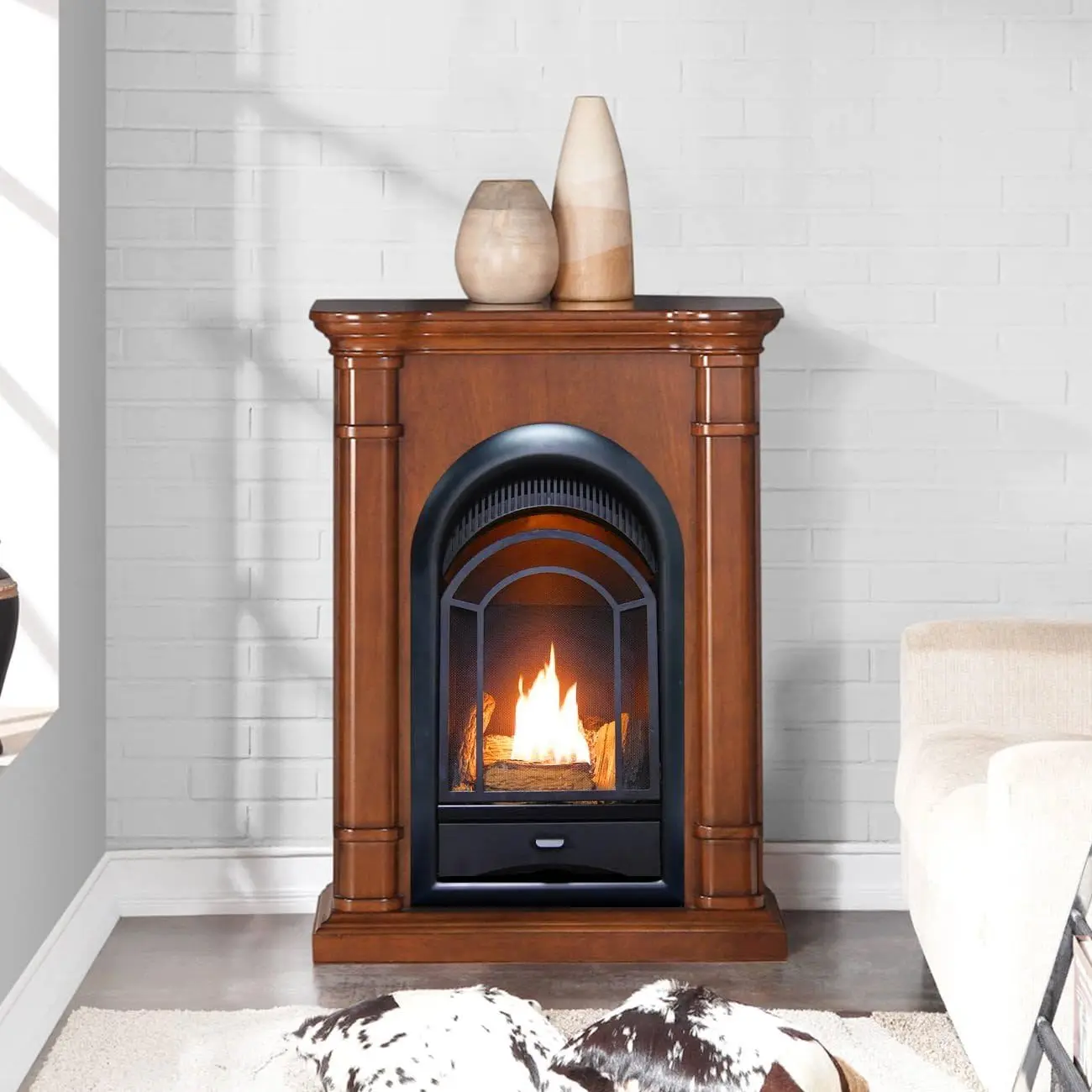 Dual Fuel Ventless Gas Fireplace System with Mantle, Thermostat Control, 4 Fire Logs, Use with Natural Gas or Liquid Propane 4