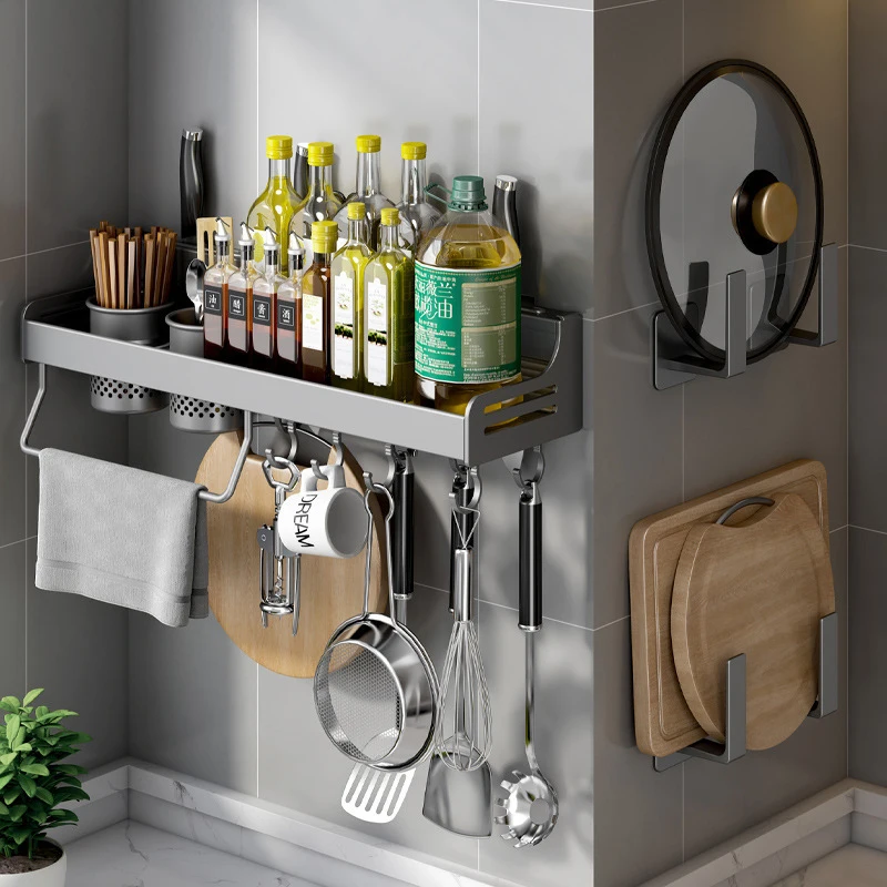 Space Aluminum Wall-mount Kitchen Storage Shelf Punch-free Condiment Knife Spice Rack Multi-functionalHousehold Kichen Organizer aluminum alloy wall mounted knife holder kitchen multifunctional shelf household punch free knife fork spoon storage rack shelf