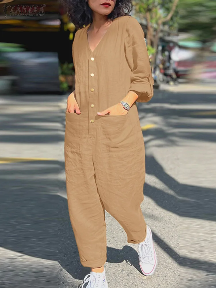 

ZANZEA Fashion Women V Neck Long Sleeve Jumpsuits Elegant Casual Loose Long Overalls Vintage Playsuits Solid OL Work Rompers
