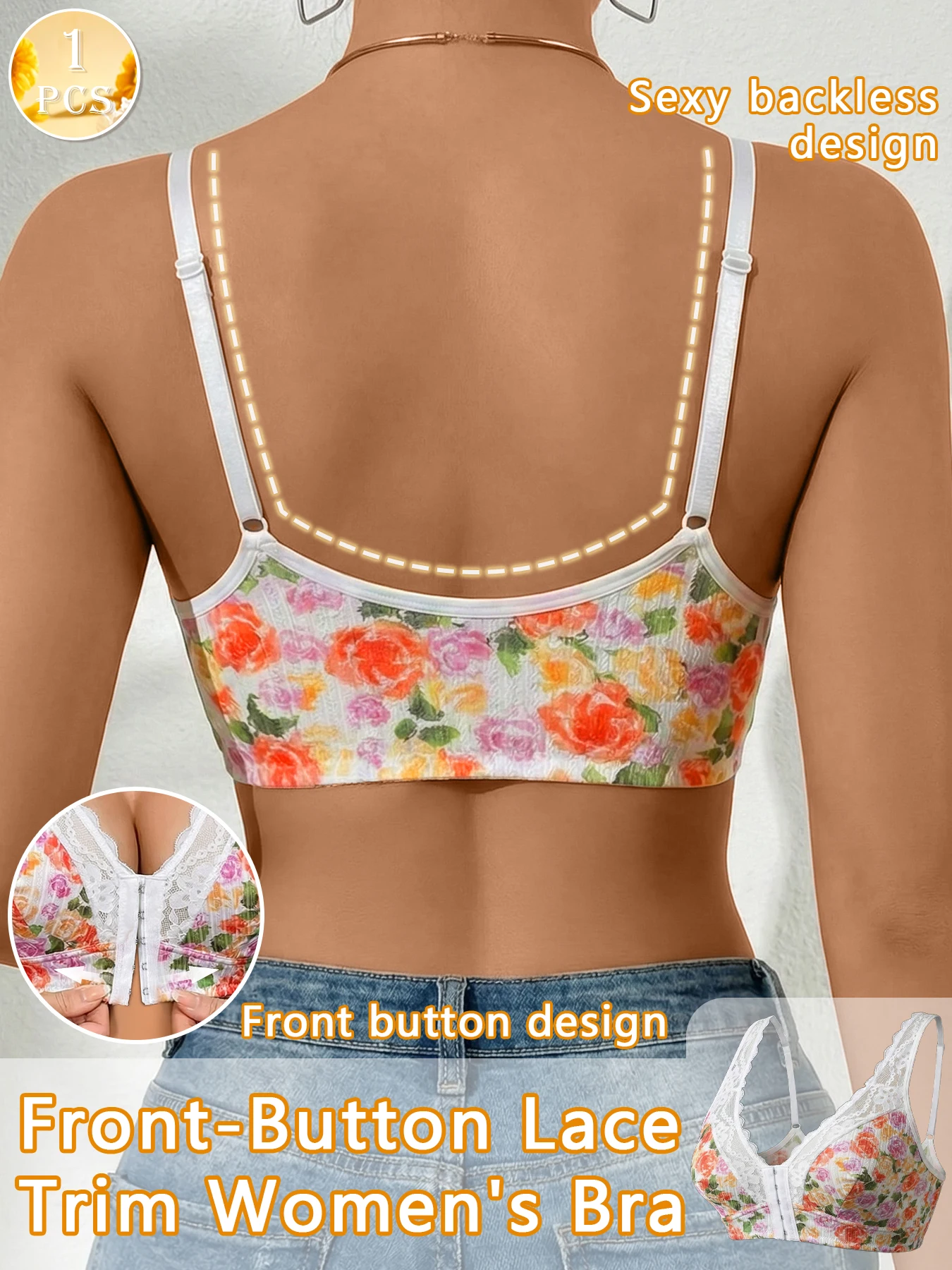 1pc Women's Floral Print Wireless Bra, Lace Trim Adjustable Straps Front Closure Comfort Bralette (S-XXL) 2