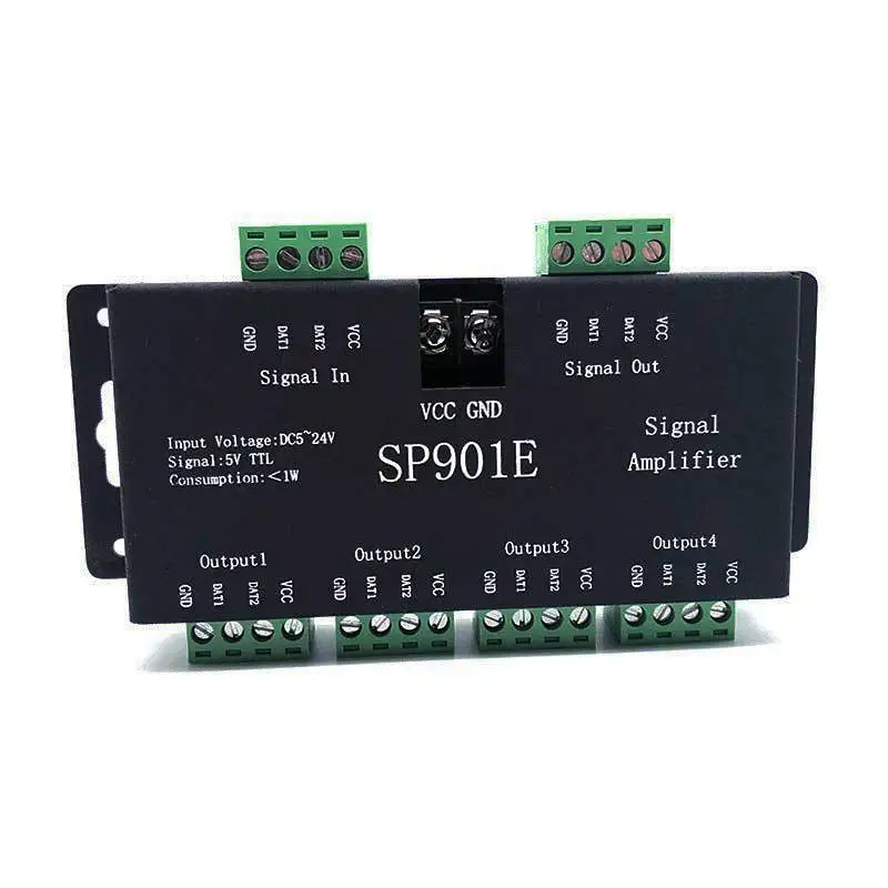 

SP901E SPI Signal Amplifier for WS2812B WS2811 WS2813 Pixel RGB LED Strip Signal Repeater Addressable Dream Color Tape DC 5V-24V