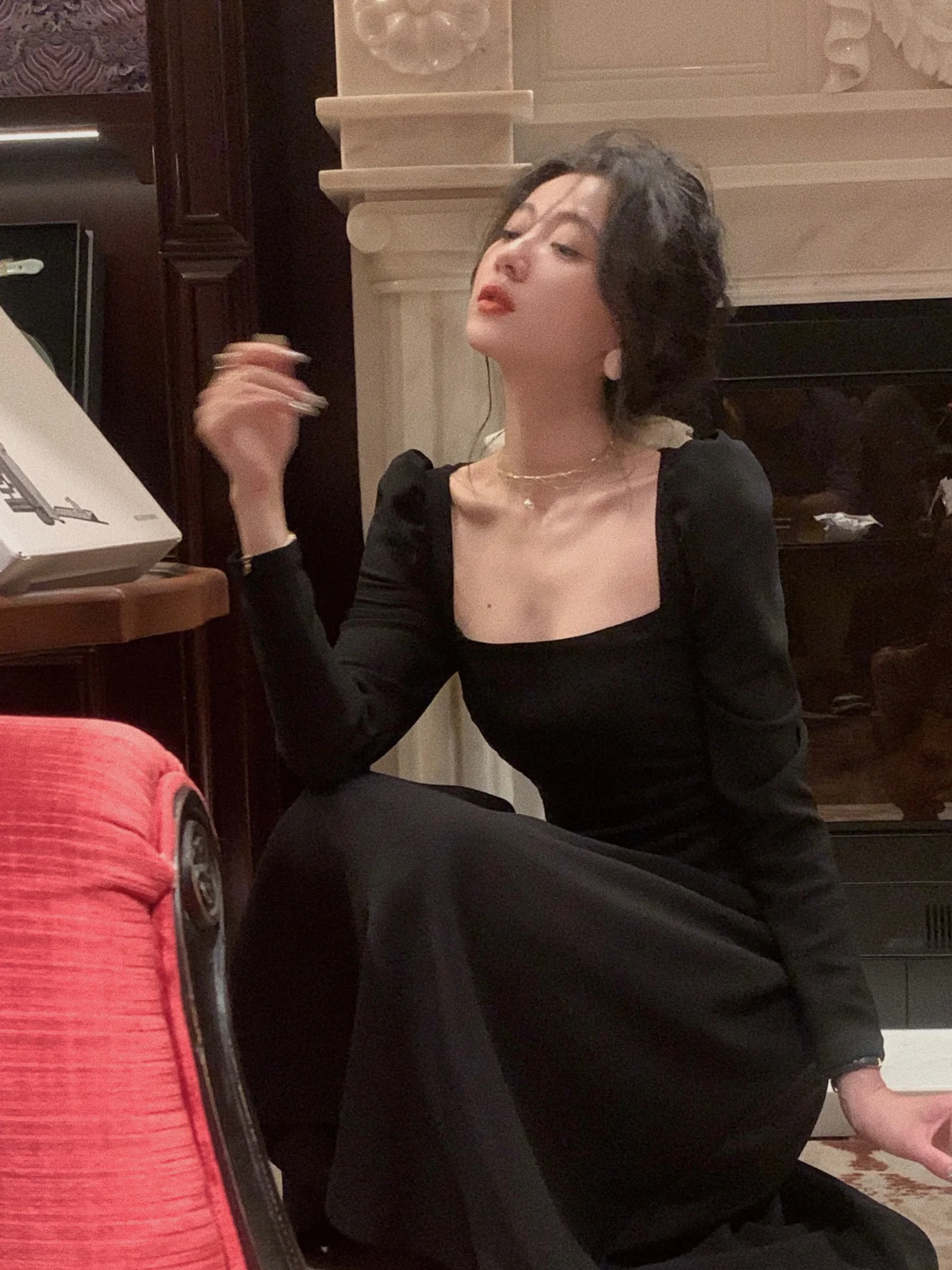 Spring New Elegant Square Collar Midi Party Dresses for Women Long Sleeve Black White Slim Vestidos Female High Waist Clothes