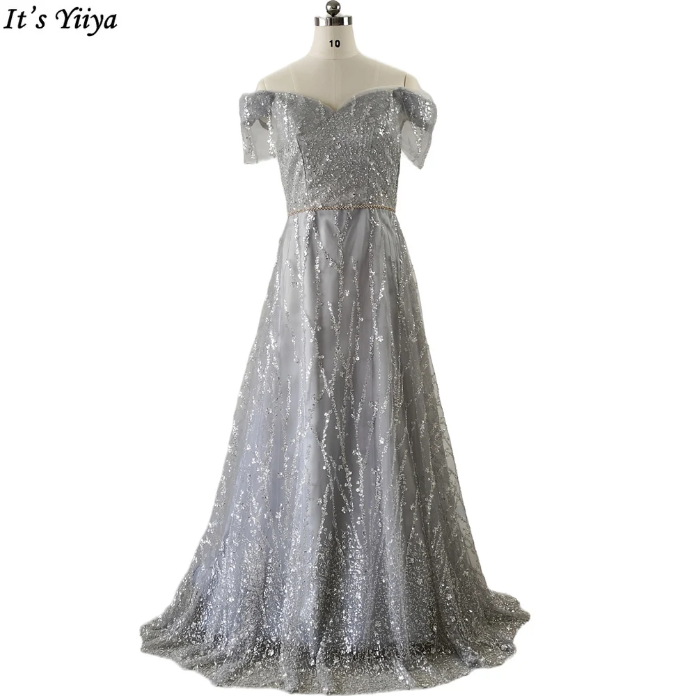 

It's Yiiya Evening Dress Gray Tulle Beading Short Sleeves V-neck Pleat A-line Floor Length Plus Size Pearl Party Dresses B2345
