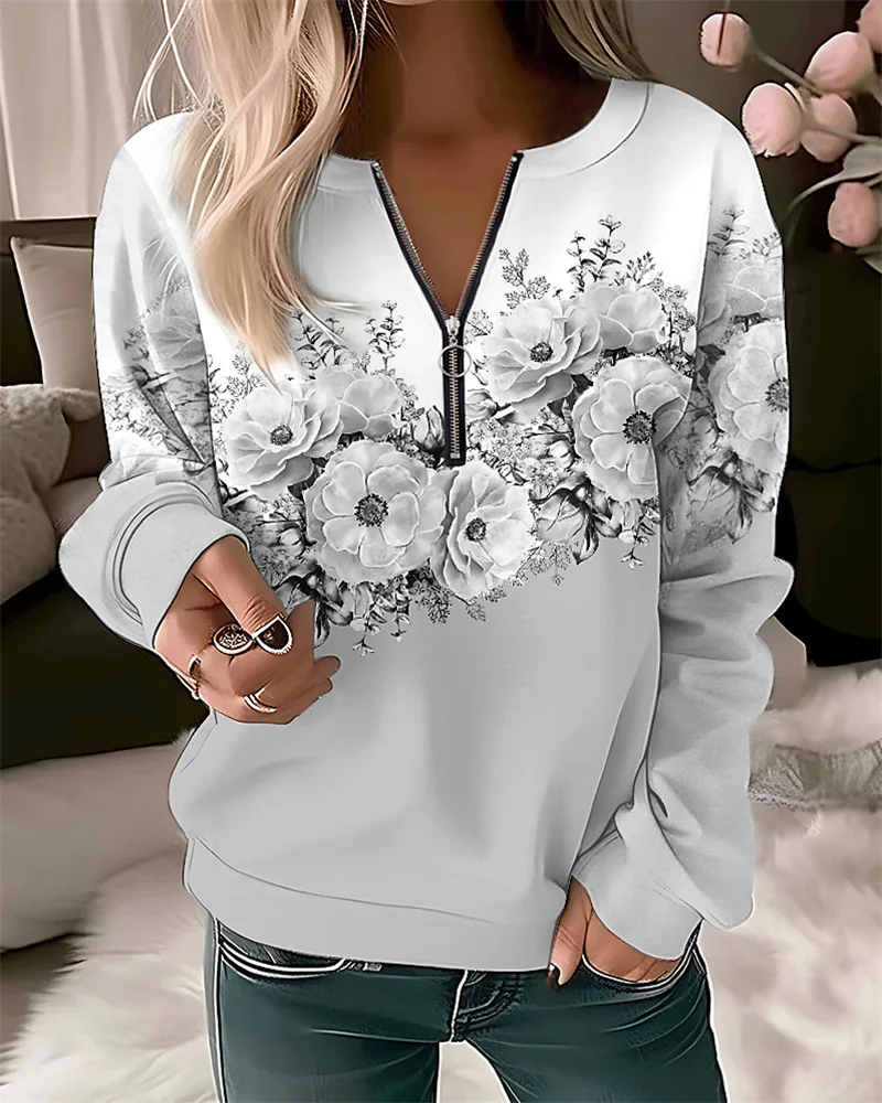 Women's Crew Neck Zipper Half-open Sweatshirt Elegant Botanical Flower Print Hoodie Female Autumn Long Sleeve Pullover Outerwear