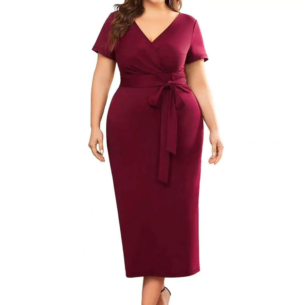 

Elegant Lady Dress Elegant Plus Size V Neck Belted Midi Dress for Women Slim Fit Solid Color Sheath with Short for Mid-calf