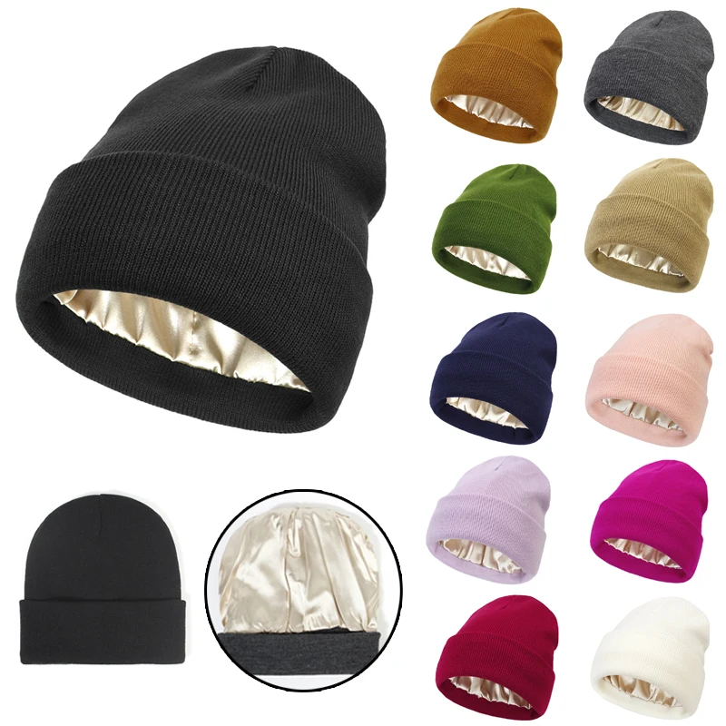 

Winter Silk Satin Lined Beanie Hat Women Men Thick Chunky Cap Striped Warm Soft High Quality Unisex Cashmere Knitted Beanie Hats