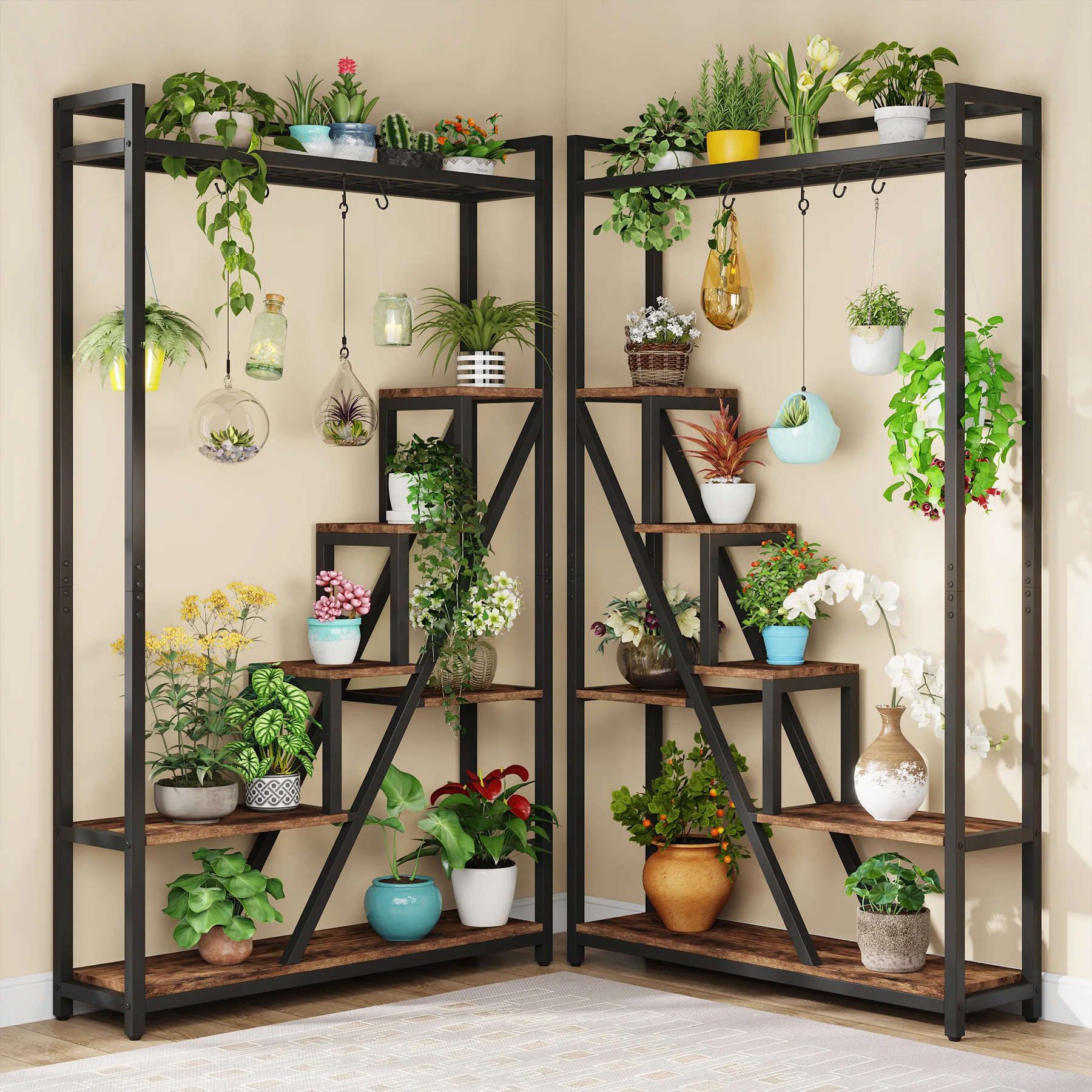 Tribesigns 70.9" Tall Indoor Plant Stand 7-Tier Large Plant Shelf 5 S-Hooks Industrial Wood Flower Stand Display Rack