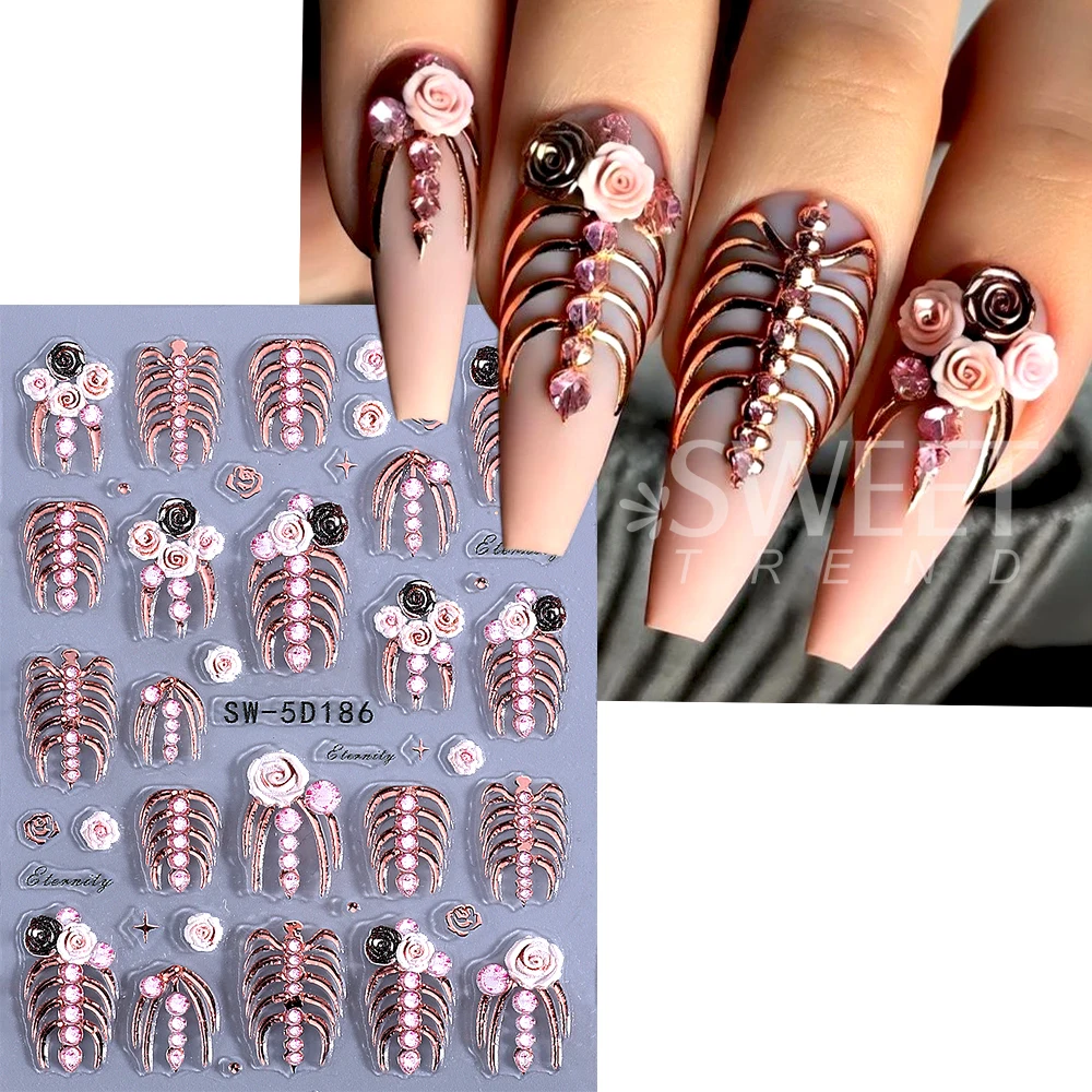 2/4pcs 5D Embossed Skeleton Hand Halloween Nail Art Stickers Gothic Golden Skull Slider Decals Manicure Decoration Accessories