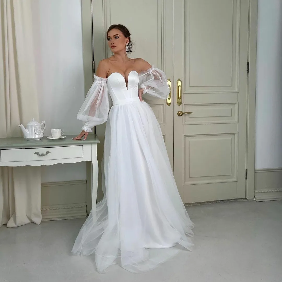 

Chic Long Tulle V-Neck Wedding Dress فساتين السهرة A-Line Pleated Sweep Train Bridal Gowns With Sleeves Robe de soirée for Women