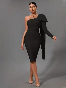 Bandage Dress Black Bodycon Dress Evening Party Elegant Sexy One Shoulder Birthday Club Outfit 1