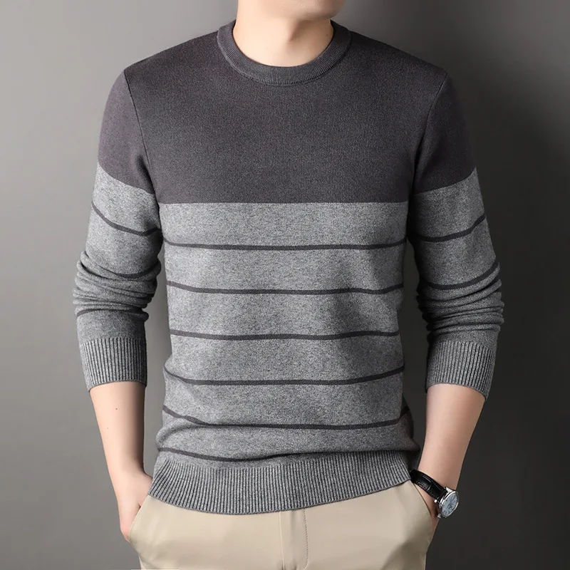 2023 New Autumn Winter Men's Casual Round Neck Long Sleeve Pullover Sweater Striped Woolen Top Middle-Aged and Young Adults