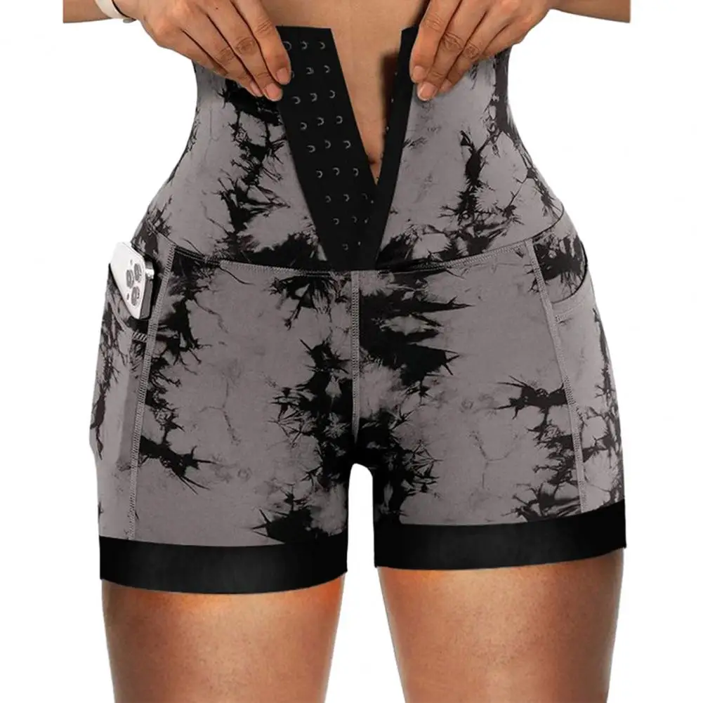 Front Closure Shorts Women High-waist Shorts Tie-dye Yoga Women High-waist Tummy Control Butt-lifted Front Closure