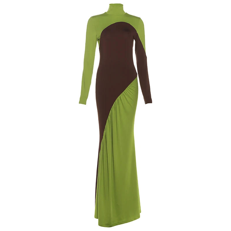 Sisterlinda Trend Patchwork Kleid Frau Herbst Kontrast Rollkragen Volle Hülse Dünne Stretch Casual Mode Elegante Vestidos – Detail 2