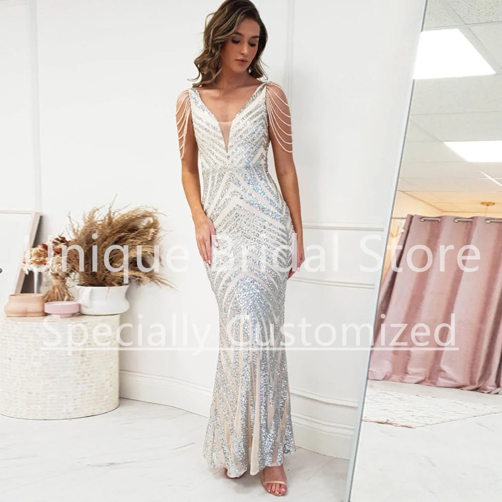 

Classic Prom Dresses Sexy Mermaid Sleeveless Shoulder Decoration Deep V-neck Open Back Women Pretty Zipper Evening Gown