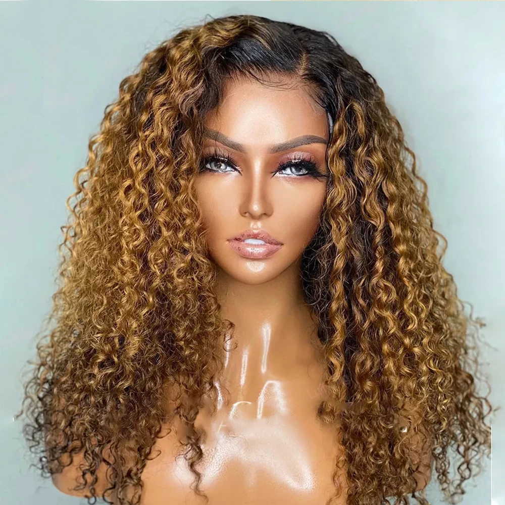 

Soft 26“Long 180%Density Glueless Ombre Honey Blonde Brown Kinky Curly Preplucked Lace Front Wig With BabyHair Daily Cosplay