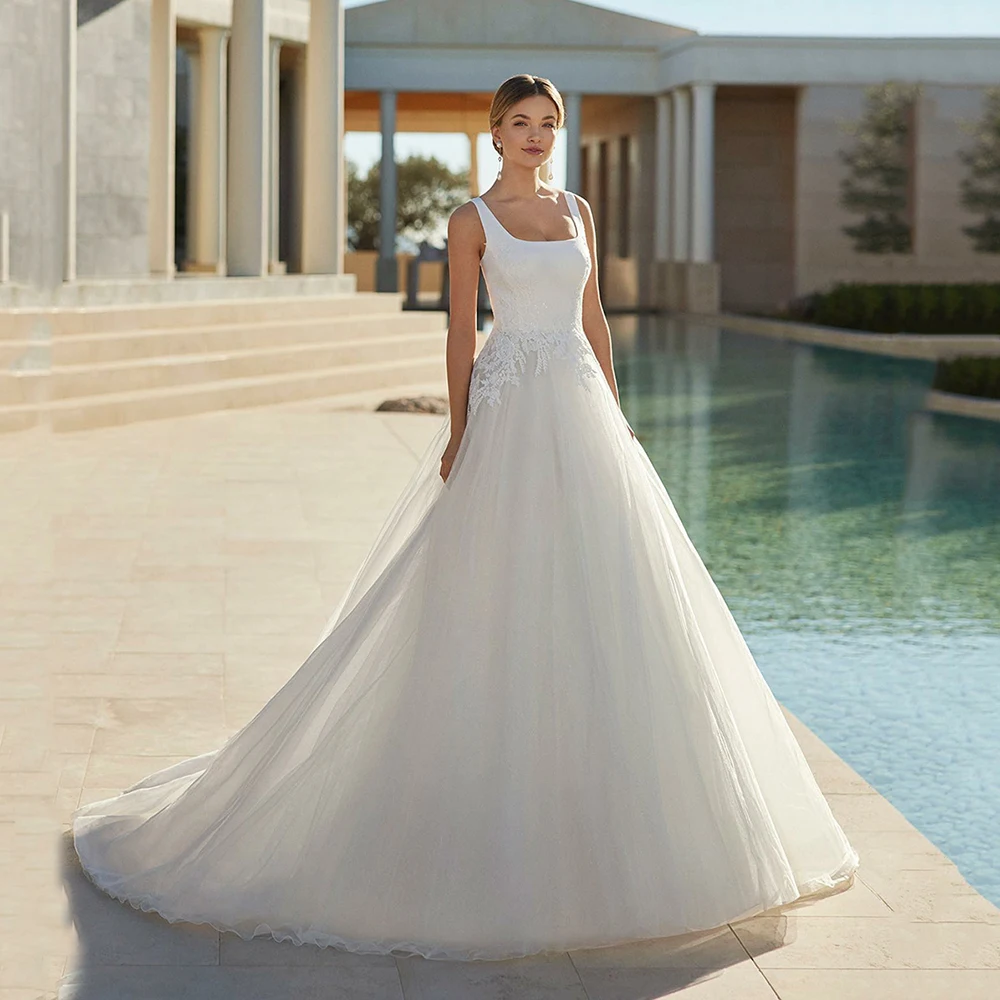 

Msikoods Vintage Square Collar Satin Wedding Dresses Elegant Backless With Lace Appliques A-Line Bridal Gown 2023 Robe De Mariee