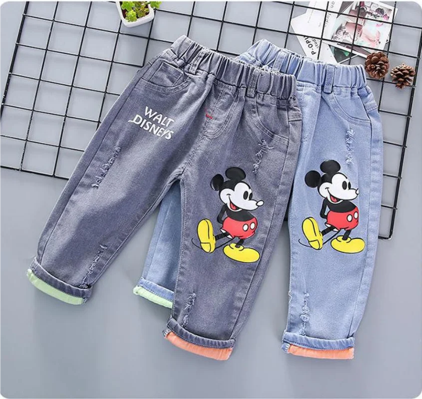 Disney Children Cartoon Mickey Mouse Jeans Spring Autumn Baby Girls Boys Straight Denim Pants Kids Fashion Casual Trousers 1-6Y