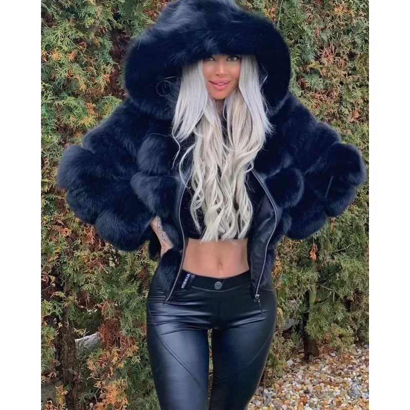 Faux Fur Coat European and American Style Fashion Long Sleeved Solid Color Hooded Autumn and Winter Warm Coat for Women