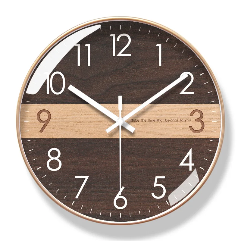 2023 New Nordic Simple Wooden Texture Wall Clocks Fashionable Art Living Room Wall Clocks Silent Sweep Second Quartz Wall Clock Color:Gold Frame C;Sheet Size:12 inch(30 cm)