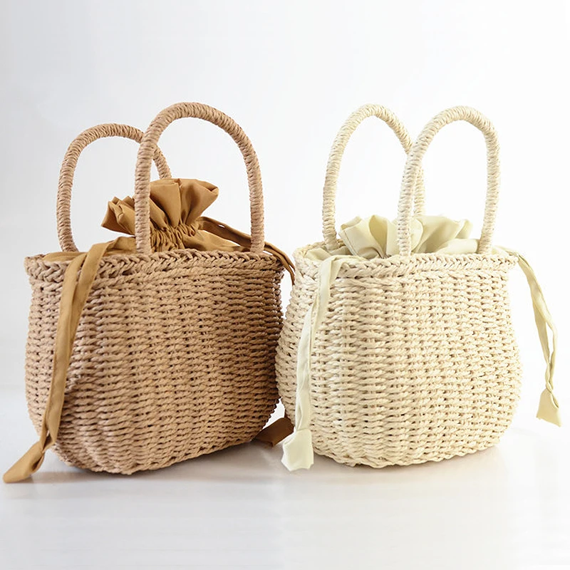 

Соломенная Сумка на шнурке для женщин, портативная однотонная сумка из плотной бумажной веревки, богемный мешок-тоут ручной работы, лето