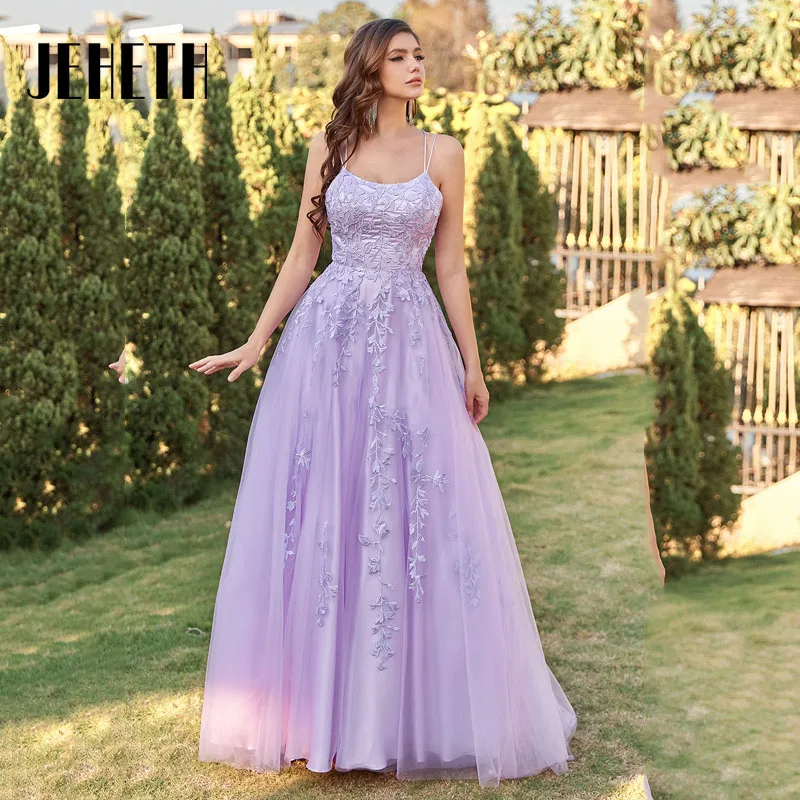

JEHETH Elegant Purple Sweetheart Evening Dress 2023 Lace Spaghetti Strap Tulle Backless Party Prom Ball Gown Custom Made