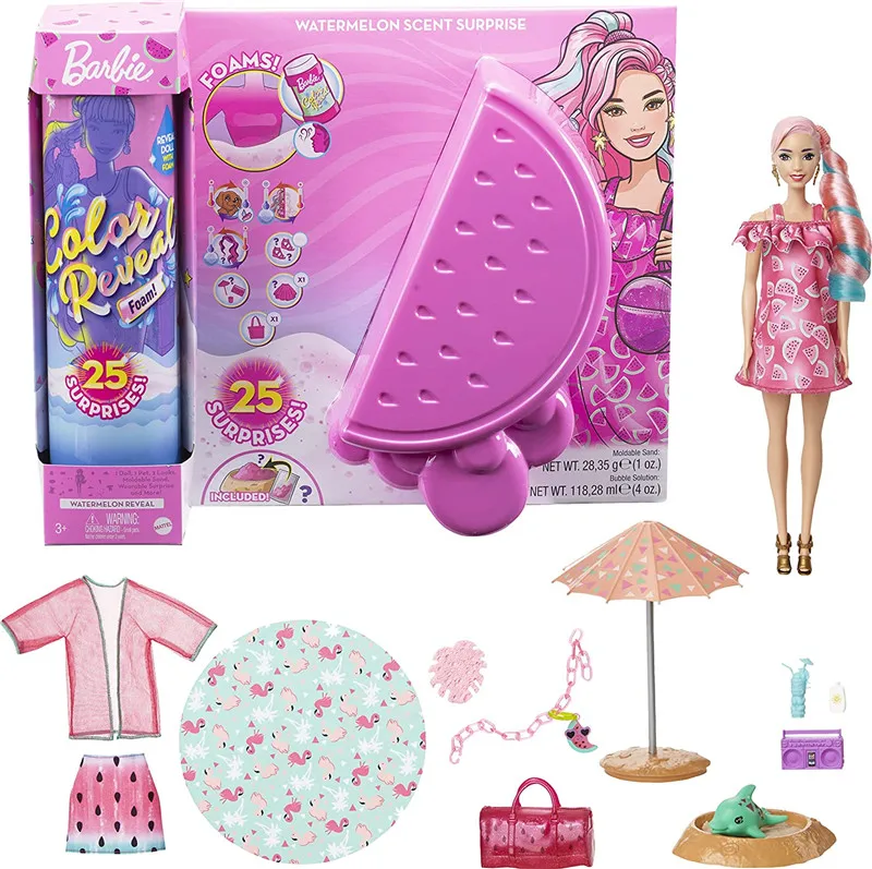 

Barbie Color Reveal Foam Doll Pet Friend with 25 Surprises Scented Bubbles Outfits Hair Extension Kid Watermelon-Theme Gifts Toy
